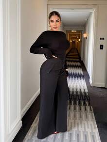 Elegant High-Waisted Flared Leg Double-Button Suit Pants For Women, Chic Urban Style, New Year's - View 5