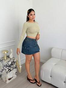 Maria Perezxox 休闲简约性感露肩奶油黄条纹长袖T恤，适合秋冬季节穿着，秋冬服装搭配，奶油黄条纹让您看起来更白皙 - 黃色 - 查看 3