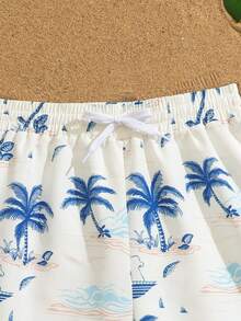 SHEIN Tween Boys White Tropical Print Woven Drawstring Waist Beach Shorts,Casual Summer Vacation Holiday Panama Surf Board Shorts For Swimming Pool Party - Beige - View 4