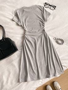 1pc Big Girls' Fresh & Sweet Long Dress, Youthful & Soft Vibe, Straight Casual Design, Non-Fuzzy Structure, Suitable For Spring/Summer Outings And Gatherings - Grey - View 2