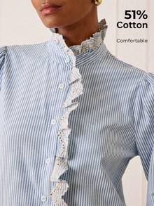 Lilora 女士复古优雅条纹印花刺绣花卉灯笼袖衬衫，适合春秋季穿着 - 藍白色 - 查看 4