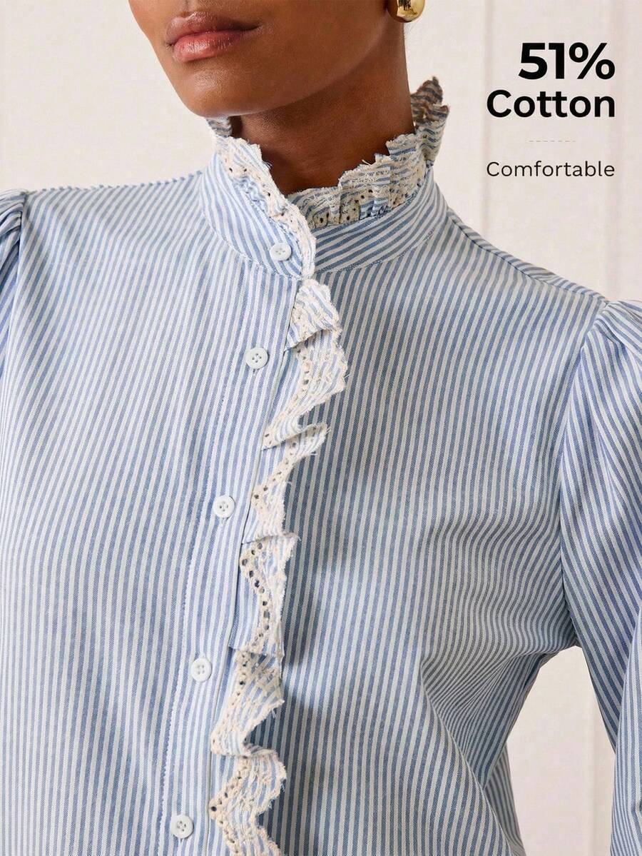 Lilora 女士复古优雅条纹印花刺绣花卉灯笼袖衬衫，适合春秋季穿着