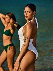 Swim Vcay Áo tắm liền thân hở lưng, cổ yếm, chất liệu có họa tiết, gợi cảm dành cho nữ, thích hợp cho kỳ nghỉ biển, du thuyền hoặc tiệc bể bơi. - trắng - Xem 7
