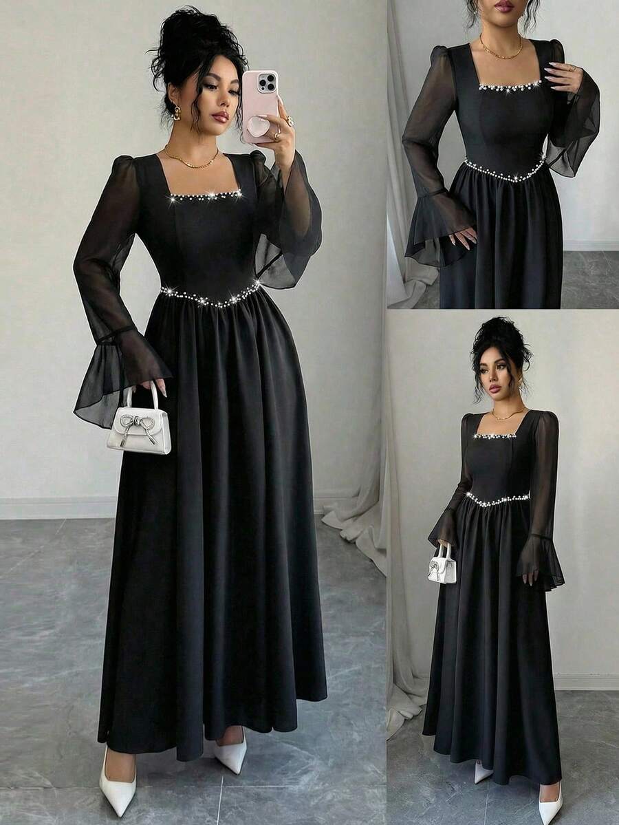 SHEIN Elenzya 女士黑色新款方领珍珠装饰A字腰部喇叭袖甜美浪漫优雅约会派对正式长裙 - 黑色 - 查看 1