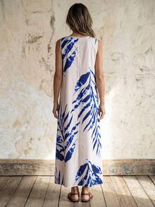 Faunlyn 女士树叶印花圆领休闲日常度假长裙，适合夏季穿着 - 彩色 - 查看 2