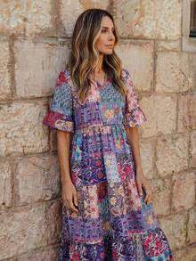 Faunlyn Women's Patchwork Pattern V-Neck Ruffle Hem Dress, Vacation Style - Multicolor - View 5