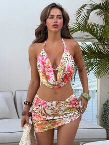 Bonvoyette 3件套夏季春假随机印花三角垂褶领性感优雅度假比基尼套装，配短款网纱裙，适合沙滩和泳池派对穿着 - 彩色 - 查看 7