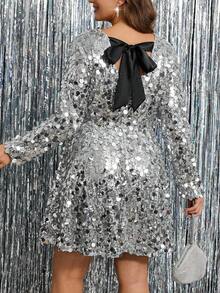 SHEIN Clasi 大码女式纯色亮片露背打结连衣裙 - 銀色 - 查看 2
