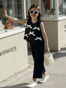 Elladie kids 2件套女童时尚可爱3D蝴蝶结无袖上衣和七分裤套装，适合日常穿着、度假和外出，春夏新款 - 藏蓝色 - 查看 4