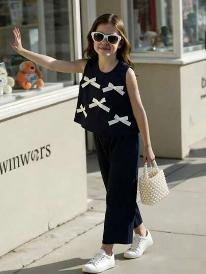 Elladie kids 2pcs/Set Toddler Girls' Fashionable Cute 3D Bow Sleeveless Top And Cropped Pants Set, Versatile For Daily Wear, Vacation & Outings, Spring/Summer New