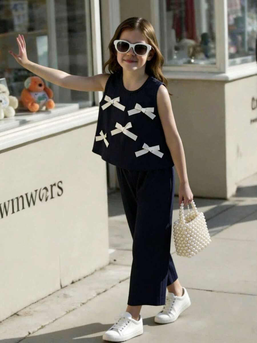 Elladie kids 2件套女童时尚可爱3D蝴蝶结无袖上衣和七分裤套装，适合日常穿着、度假和外出，春夏新款 - 藏蓝色 - 查看 1