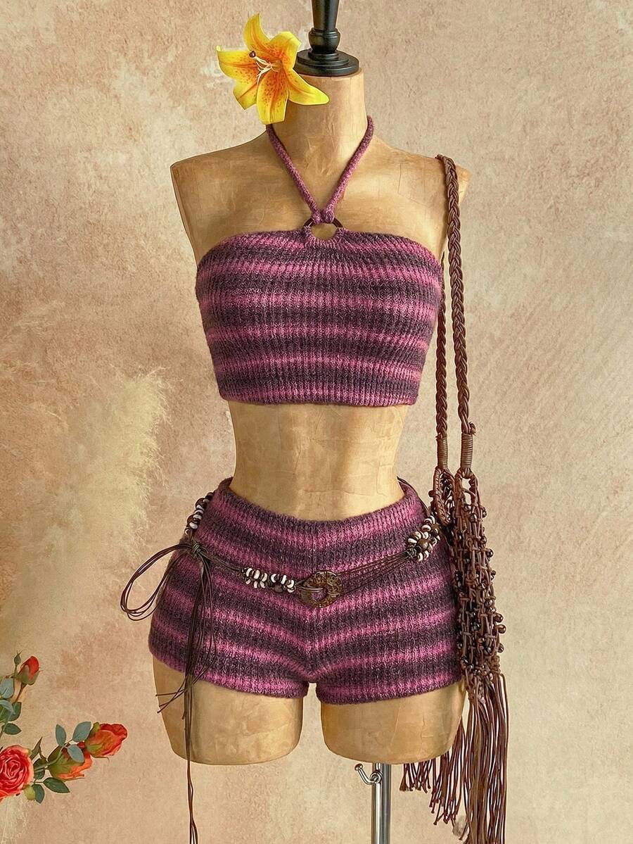 Soleia 2件套 女士秋冬吊带条纹上衣和超短裤 - 粉色 - 查看 1