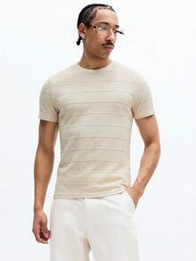 SUMWON Short Sleeve Crew Neck Horizontal Striped Knit T-Shirt Casual Everyday Wear Summer Spring Essential Men's Basic Tee Comfortable Regular Fit Plain - Apricot - View 4