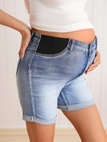 SHEIN Maternity Skinny Stretch Denim Shorts - Medium Wash - View 4