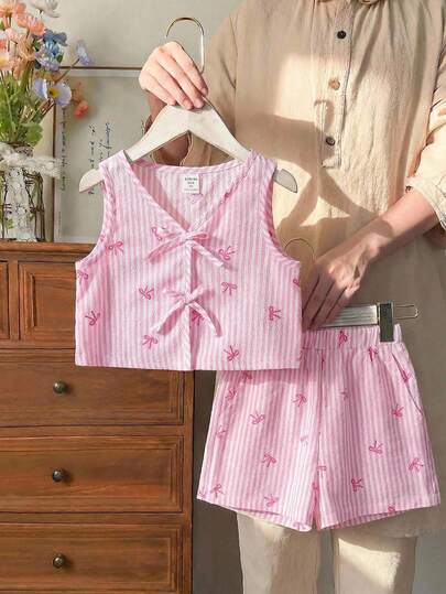 SHEIN LMoss Kids 2pcs Young Girl Woven Striped Casual Vest And Shorts Set Young Girl's Pink Elegant Striped Bow Tie Set, Pink Blouse Set, Three-Dimensional Bow Tie Blouse Set Suitable For Spring/Summer Daily, Home, Vacation, Holidays, Spring Vibes, Summer Vibes, Spring & Summer Outfits, Easy Comfort, Stylish Little Girl Set, Casual Wear, Kids Floral Graphic Clothes, Spring & Summer Set, New Style