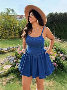 Breezaya Plus Size Women's Waist Cinching Denim Jumpsuit Dress - Blue - View 3
