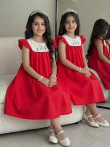 SHEIN Young Girl Casual Versatile Floral Pattern Round Neck Ruffle Trim Contrast Color Dress,Kids - Red - View 6