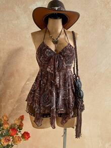 Soleia 春夏新款休闲度假西部海滩婚礼宾客着装毕业早午餐圣帕特里克节春假复活节音乐节优雅波西米亚热带佩斯利印花系带女式背心 - 彩色 - 查看 5