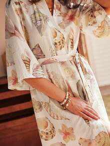 Women's Bohemian Vacation Casual Ocean Element Shell & Hibiscus Print Loose Tie-Waist Woven Robe - Multicolor - View 5