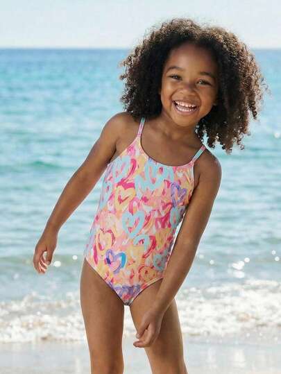 Maija Kids Maija Kids 1pc Young Girls' Casual Vacation Elegant Urban Cute Colorful Heart Graffiti Pattern One-Piece Swimsuit, Suitable For Beach, Pool, Vacation, Holidays, Spring And Summer