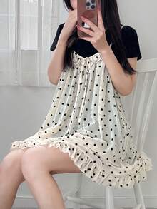 FRIFUL Women's Polka Dot Print Patchwork Ruffle Hem Front Tie Casual Slip Camisole Summer - Apricot - View 2
