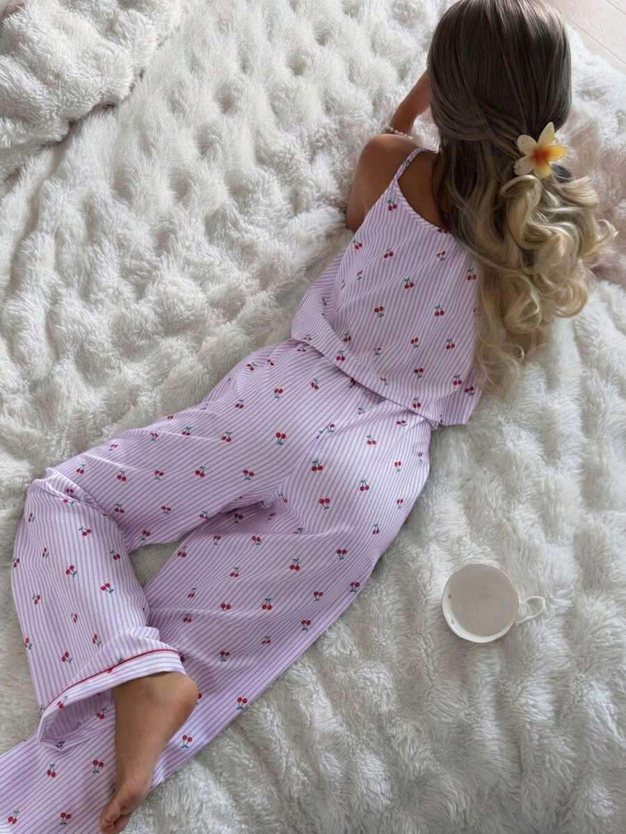 CottageSlumber Women's Bubble Crinkle Striped Cherry Print Camisole & Pants Pajama Set - Purple - View 1