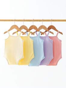 Souflis Souflis 5pcs/Set Baby Girl Infant Toddler 0-3Y Casual All-Match Solid Color & Ribbed Knit Romper Bodysuit Outfit Set - Multicolor - View 3