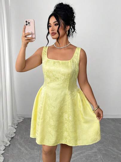 Elenzga 大码无袖黄色优雅方领提花休闲度假连衣裙