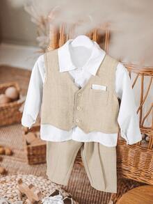 2pcs Toddler Boys' Gentleman Suit Set, Consisting Of A Beige Textured Woven Vest And Straight-Leg Pants, V-Neck Design With 3 Button Closure, Chest Pocket With White Trim, Ankle-Length, Suitable For Casual, Holiday, Party, Birthday Occasions - Khaki - View 3
