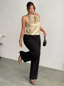 Firerie Women's Casual And Elegant Commuting Gold Satin Halter-Back Turtleneck Top/New Year Look/Sexy Top/Sparkly Top/Party Top/Old Money Style Top/Gold Top - Gold - View 1