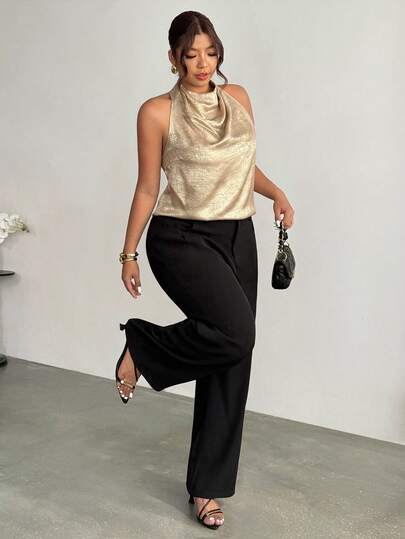 Firerie Women's Casual And Elegant Commuting Gold Satin Halter-Back Turtleneck Top/New Year Look/Sexy Top/Sparkly Top/Party Top/Old Money Style Top/Gold Top