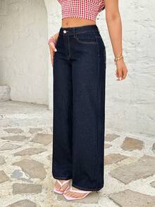 Rivivi 蝴蝶结刺绣时尚水洗直筒牛仔裤 - 深色水洗藍 - 查看 4