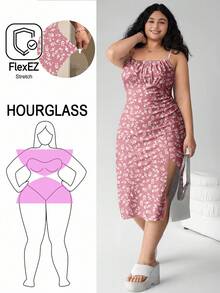 Solflare Đầm hai dây cỡ lớn dành cho nữ, họa tiết hoa nhí, xẻ tà bên hông, xếp ly. - Hồng - Xem 3