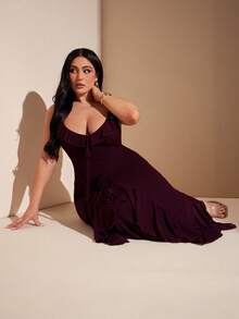 SHEIN BAE Plus Size Women's Dark Purple Elegant Summer Rosewood Color Patchwork Ruffle Hem Fitted Night Outfits,Floral Maxi Stretchy Knit Mesh Dress - Redwood - View 2
