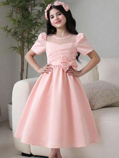 SHEIN Tween Girl Bowknot Pearl Decor Mesh Patchwork Dress