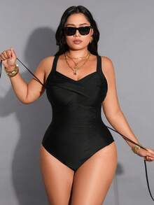 Shapewave 2026 Plus Size Women Solid Color Ruched One-Piece Swimsuit, Suitable For Summer Beach Vacation - Black - View 5