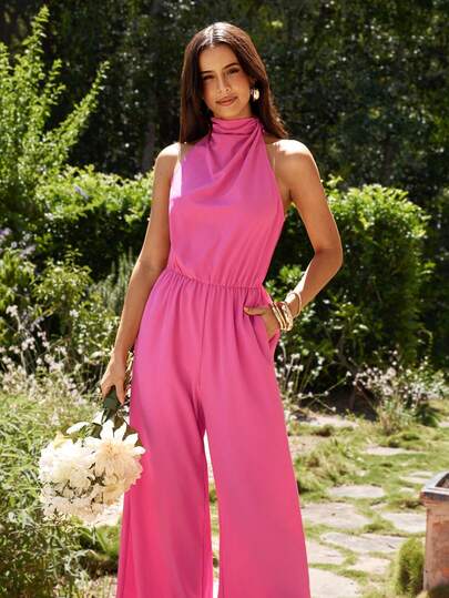 KARISMINA 女士优雅浪漫度假日常宽松垂褶领粉色连体裤，柔软弹力面料，带口袋，适合婚礼宾客穿着，春夏款