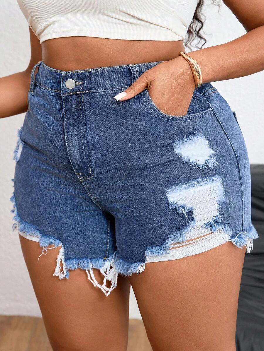 SHEIN ICON 大码浅色水洗做旧性感牛仔短裤 - 深色水洗藍 - 查看 1