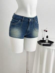 Elamini 女士休闲宽松牛仔短裤，带口袋 - 中等水洗藍 - 查看 6