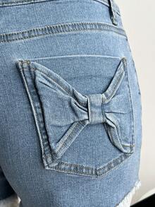 Elamini Women's Summer Casual Denim Shorts With Bow Decor - Light Wash - View 5