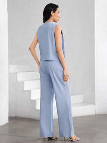 Mulvari 2pcs Set Light Blue Summer Casual Loungewear: Tie Collar Striped Sleeveless Shirt And Elastic Waist Straight Leg Pants Terno Outfit For Women Coords - Blue - View 7
