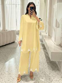 Lacomfia 女士V领刺绣宽松两件套，春夏款 - 黃色 - 查看 6