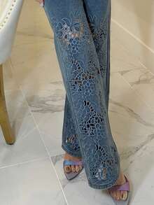 Cioccolato 女士高腰刺绣镂空宽松直筒牛仔裤，适合圣诞节和感恩节穿着 - 藍色 - 查看 5