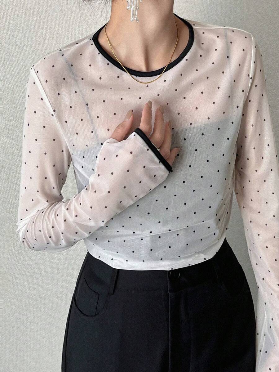 FRIFUL 女士圆领植绒波点修身撞色滚边T恤 - 米色 - 查看 1