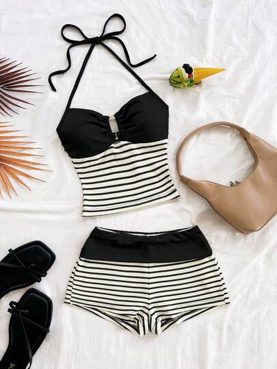 Soleia 2 piezas Conjunto de top sin mangas con textura de punto a rayas con hebilla de metal y tirantes de espagueti, y shorts. Conjunto casual para vacaciones, fiesta, cita nocturna, discoteca, estilo bohemio, vintage, vacaciones para mujer