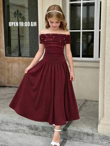 SHEIN 少女纯色酒红色串珠优雅复古返校/派对装、生日装、舞会礼服，针织露肩褶皱长裙，适合居家、户外、派对、聚会等各种场合，露肩中长连衣裙 - 酒紅色 - 查看 7