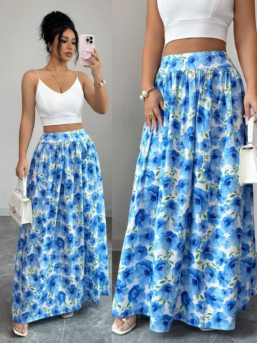 Elenzga Romantic Floral Print High Waist Pleated A-Line Maxi Skirt, Elegant Casual Vacation Dress, Fashion Blue Printed Long Skirt - Blue - View 1