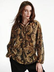 Aveloria Modichic 复古黑金佩斯利印花雪纺女式衬衫，系带领口设计，宽松版型，休闲/度假优雅风，适合工作和日常穿着。 - 彩色 - 查看 5