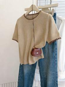 Franclia French Retro Loose Round Neck Short Sleeve Colorblock Knit Top For Women,Brown And Cream,Summer,Casual,Office Spring/Autumn Sweater Beige Blouses - Camel - View 5