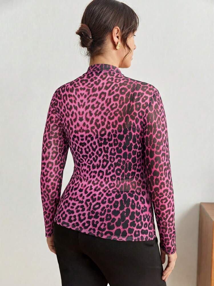 SHEIN Maija Plus Size Women Leopard Print Stand Collar Casual Versatile Daily Wear Long Sleeve Top Women's Long Sleeves Tops Women's Sheer Long Sleeve Top Pink Leopard Print Top Latest Tops For Women New Arrivals